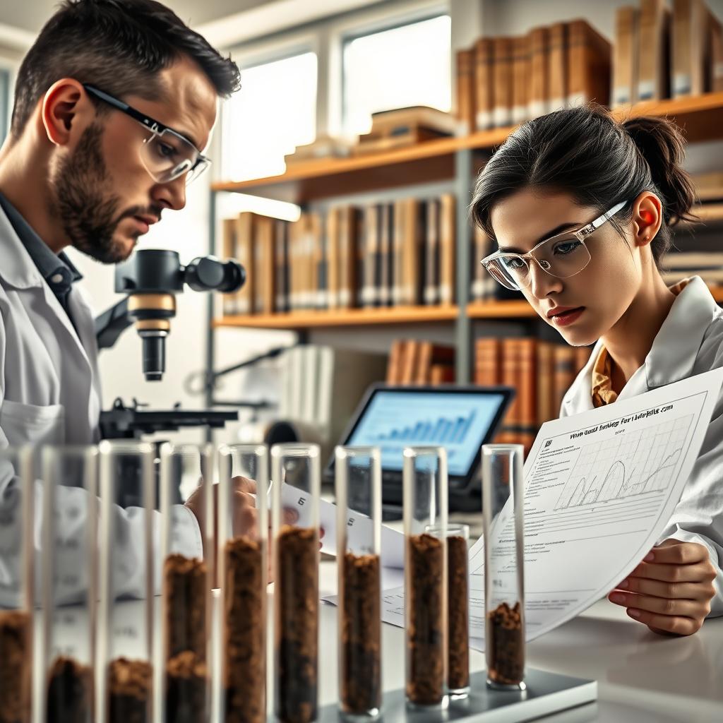 A close-up scene of soil analysis in a laboratory setting, showcasing various samples of soil in transparent vials, each labeled with specific results. In the foreground, a professional wearing a white lab coat and safety goggles examines a soil test report, with a focused expression. The middle ground features a well-organized workspace with a microscope, measuring tools, and a digital tablet displaying analytical graphs. The background displays shelves lined with reference books on soil science. Soft, natural lighting pours in from a window, creating a bright and educational atmosphere. The image reflects a precise, professional, and technical edge, emphasizing the importance of soil analysis for foundation design. Include the brand name "www.jowolandborepile.com" subtly integrated into the workspace.
