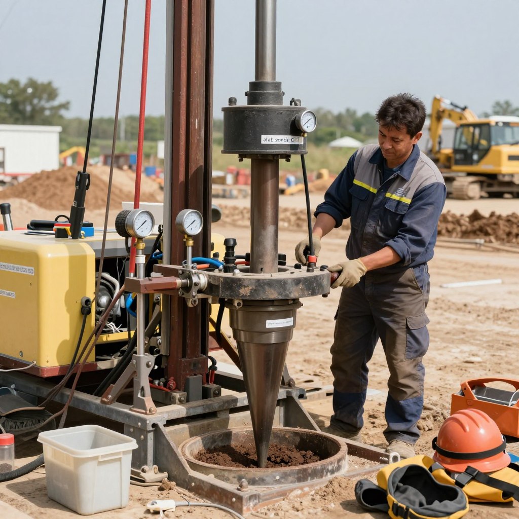 A detailed and realistic depiction of an "alat sondir CPT" (Cone Penetration Test equipment) set in an outdoor drilling site. In the foreground, prominently feature the CPT rig with its cone penetrometer and hydraulic system, showcasing intricate mechanical components and gauges. Surrounding the rig, display various essential tools and safety equipment, such as a soil sample container and protective gear, emphasizing a professional environment. In the middle ground, illustrate a technician in professional attire, carefully operating the equipment, with focused expression and precise posture. The background should include a landscape of a construction site, with distant machinery and earthy textures. Use natural sunlight to create a clear, vivid atmosphere, capturing the essence of engineering and fieldwork. Ensure no text or branding obstructs the image. Include the website "www.jowolandborepile.com" subtly integrated into the scene without being intrusive.