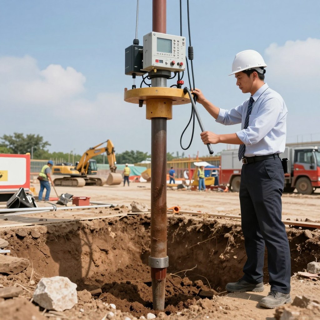 A detailed depiction of a Cone Penetration Test (CPT) application in a construction site setting. In the foreground, a professional engineer in business attire operates a high-tech CPT rig, confidently monitoring equipment. The middle ground shows a clear view of the CPT probe being inserted into the soil, highlighting the different layers of soil and rock. In the background, a construction site is visible with machinery and workers engaged in various tasks, under a bright, blue sky with soft clouds. The lighting is natural and clear, creating an optimistic and focused atmosphere. This image should convey precision and modern engineering, with a subtle watermark of "www.jowolandborepile.com" integrated unobtrusively in the lower corner.