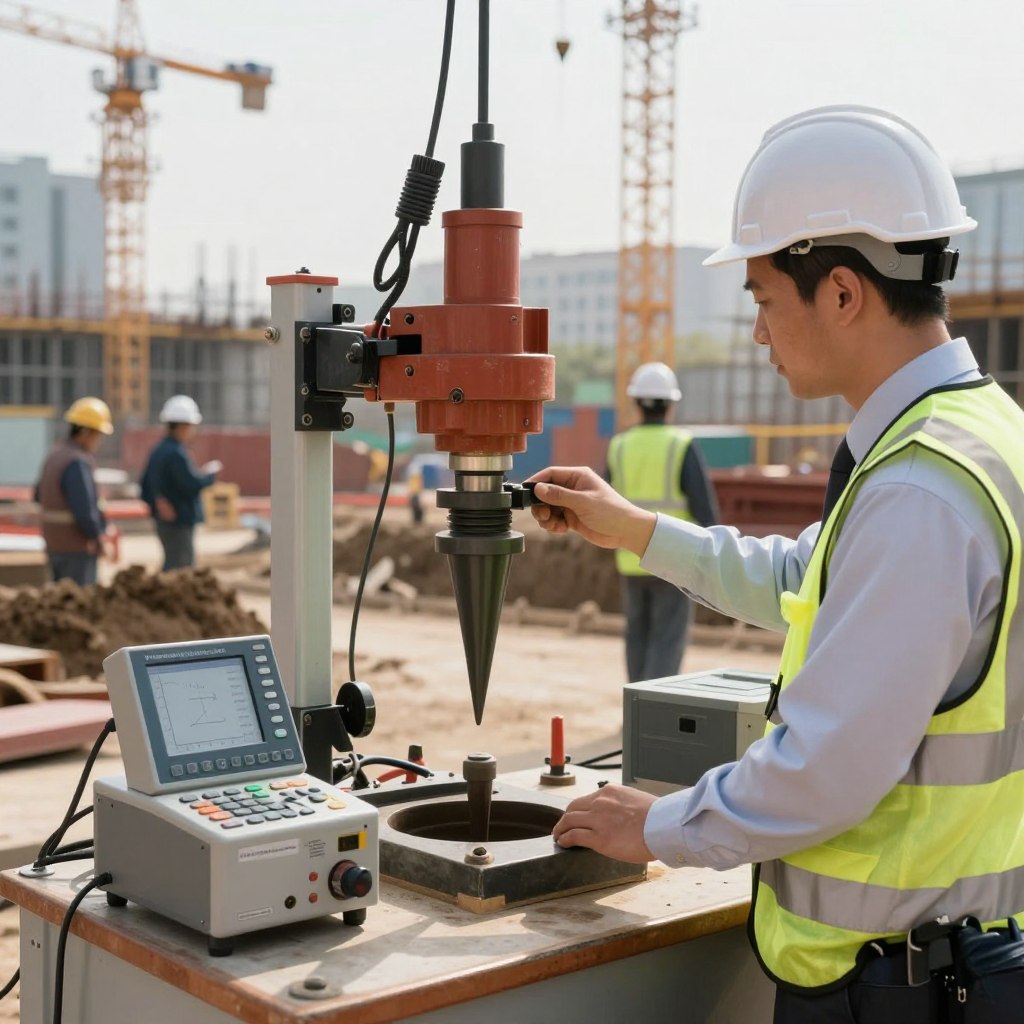 A detailed depiction of the "Cone Penetration Test (CPT)" setup in a construction site environment. In the foreground, a professional engineer in business attire operates a sophisticated CPT rig, focusing on the equipment's controls. The middle ground features the CPT testing apparatus, including the cone penetrometer, connected to a data acquisition system. The background showcases a busy urban construction scene with cranes and workers wearing safety helmets, maintaining a sense of an active work site. Soft, natural lighting illuminates the scene, casting gentle shadows that enhance the depth. The overall atmosphere conveys professionalism and precision in geotechnical engineering. Include the brand name "www.jowolandborepile.com" subtly integrated into the image without altering the professional tone.
