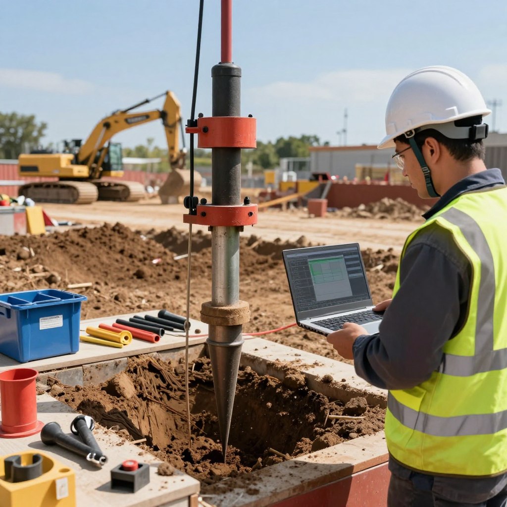 A detailed illustration of a Cone Penetration Test (CPT) setup in a construction site. In the foreground, a professional field technician in a hard hat and safety vest operates a CPT rig, focusing on the cone penetrometer sinking into the soil. The technician holds a laptop displaying real-time data, showcasing a modern, high-tech approach to soil testing. In the middle ground, various equipment like soil sampling tubes and geotechnical tools are neatly arranged. The background features a construction site with heavy machinery and a clear blue sky, creating a sense of a bustling work environment. The lighting is bright and natural, highlighting the equipment and the technician’s focused expression. The overall atmosphere is professional and industrious, reinforcing the accuracy and reliability of the CPT process. www.jowolandborepile.com