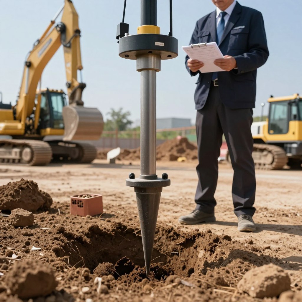 A detailed illustration of a cone penetration test (CPT) scene, showcasing a sondir device actively penetrating soil at a construction site. In the foreground, a sturdy, precision-engineered cone penetrator is firmly inserted into the ground, with soil samples displayed nearby. In the middle ground, a technician in professional business attire observes the test, holding a clipboard with technical data. The background features construction machinery and a clear blue sky, emphasizing an outdoor testing environment. Soft natural lighting accentuates the scene, with a slight lens flare for visual interest. The atmosphere is focused and professional, capturing the essence of geotechnical engineering. Include the branding "www.jowolandborepile.com" subtly integrated into the environment, ensuring it does not disrupt the main focus of the image.