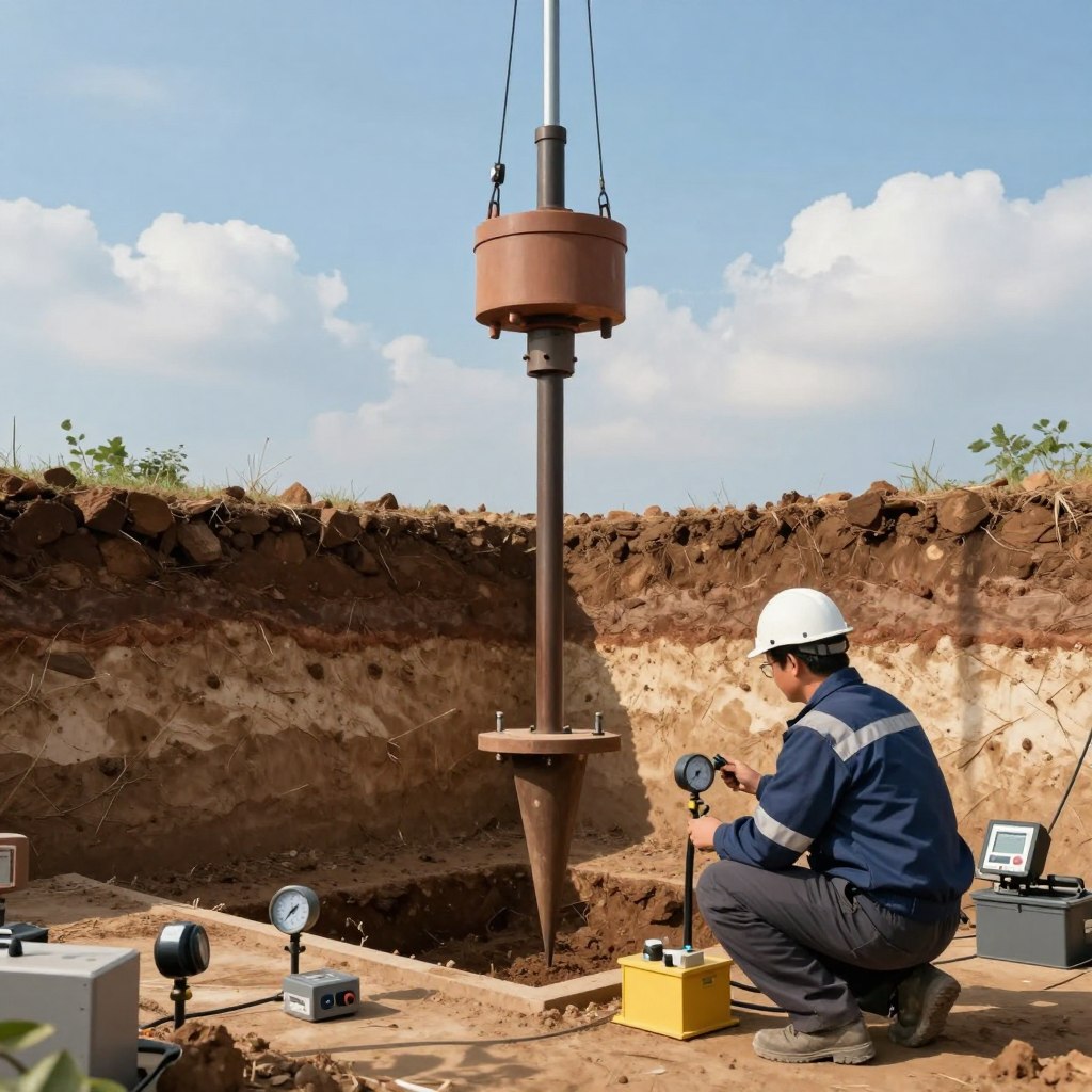 A detailed illustration of a cone penetration test (CPT) site, showcasing a parameter sondir being utilized in the field. In the foreground, a skilled technician in professional attire operates a modern cone penetrometer, surrounded by various measuring instruments. The middle layer features a well-delineated soil profile, highlighting different soil layers alongside the penetration cone embedded in the ground. The background captures a clear blue sky with soft white clouds, emphasizing a serene day at the test site. Natural lighting casts soft shadows on the equipment, creating a realistic atmosphere. The scene conveys professionalism and precision, making it ideal for educational purposes. Include the website "www.jowolandborepile.com" subtly in the visual composition, without distracting from the main focus.