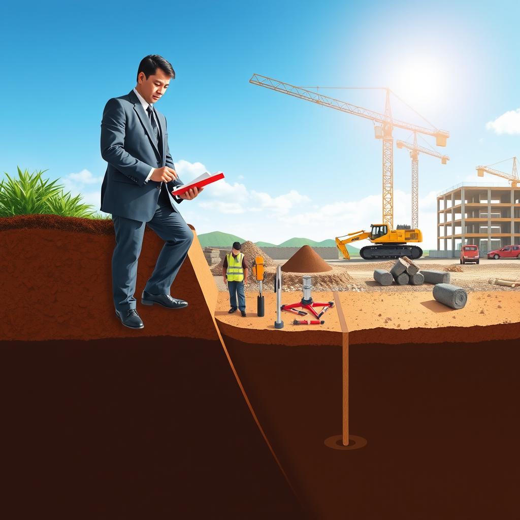 A detailed illustration of "daya dukung tanah," featuring a cross-section of soil layers showcasing rich brown topsoil transitioning into darker subsoil. In the foreground, skilled professionals in business attire are examining soil samples, using a handheld penetrometer and a notepad. The middle ground displays a compact soil sampling site, complete with measuring equipment and tools carefully arranged on the ground. In the background, a construction site is visible with heavy machinery and partially constructed foundations. Soft, natural sunlight filters through a clear blue sky, casting gentle shadows and highlighting the textures of the soil. The overall atmosphere is one of professionalism and precision, reflecting the importance of soil testing in foundation engineering. www.jowolandborepile.com