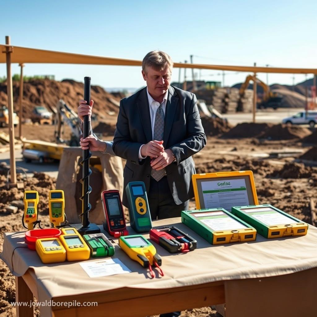 A detailed illustration of various soil testing methods for foundation work, set in a construction site. In the foreground, a professional engineer in business attire is demonstrating a soil sampling technique, holding a soil auger, with testing equipment like moisture meters and compaction testers nearby. The middle ground shows several colorful soil test kits neatly arranged on a wooden table underneath a canvas tarp. In the background, a construction site with earth-moving machinery and piles of soil is visible under clear blue skies. Soft, natural lighting enhances the scene, creating an informative and engaging atmosphere. The image should reflect professionalism and technical precision, with focus on the tools and techniques used in soil testing. Include a subtle watermark of "www.jowolandborepile.com" in the corner, ensuring it does not distract from the main content.