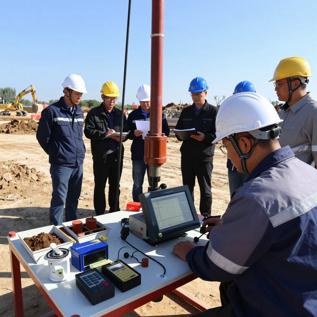 A detailed scene depicting a Cone Penetration Test (CPT) setup in an open construction site. In the foreground, a skilled technician in a safety helmet and professional attire operates a state-of-the-art CPT rig, focusing intently on a touchscreen device displaying real-time data. Surrounding him are various tools and equipment, like soil samples and data recording devices. In the middle ground, a group of engineers observes the process, discussing and taking notes. The background features a clear blue sky, with construction equipment and piles of soil, reflecting an active site. The scene is illuminated by natural sunlight, creating a bright, focused atmosphere that conveys precision and professionalism. The image subtly incorporates the brand name www.jowolandborepile.com within the scene, perhaps on a piece of equipment.