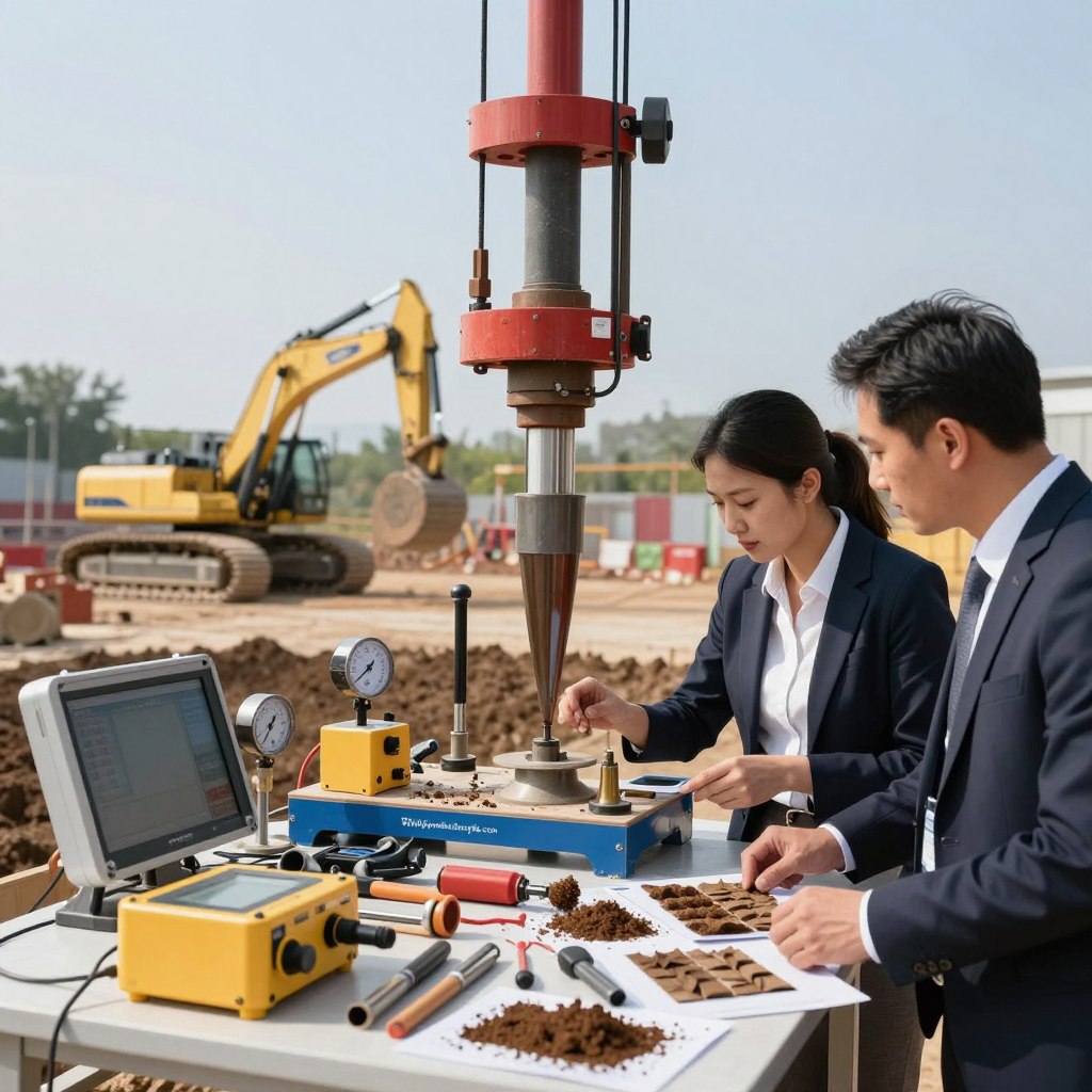 A detailed scene depicting the preparation phase for a Cone Penetration Test (CPT) in a construction site setting. In the foreground, a team of two engineers, one male and one female, dressed in professional business attire, are examining soil samples and technical equipment spread on a table. The middle layer shows the CPT rig set up with a cone penetrometer, surrounded by essential tools and measurement devices. In the background, a construction site features heavy machinery and a clear blue sky, indicating readiness for the test. Overall, the mood is focused and industrious, with soft natural lighting enhancing the technical atmosphere. High-resolution details showing the different equipment and tools emphasize the complexity of the procedure. The company branding “www.jowolandborepile.com” subtly incorporated in the setup.