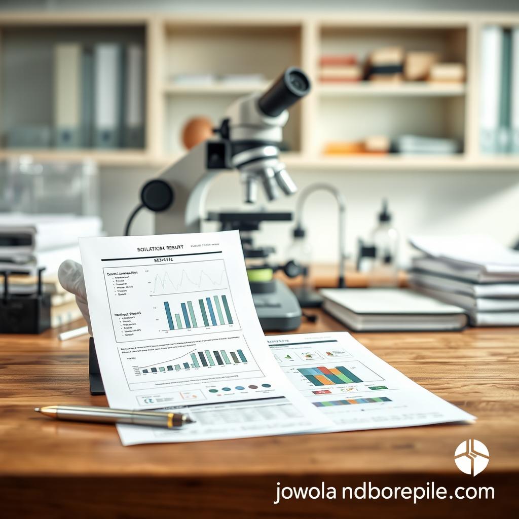 A detailed soil test result displayed prominently on a wooden desk in a well-lit, professional laboratory environment. In the foreground, showcase a comprehensive report with clear charts and graphs indicating soil composition, moisture levels, and pH values, neatly organized with a pen beside it. In the middle, include a pair of gloved hands analyzing a soil sample in a petri dish, surrounded by scientific tools like a microscope and calibration instruments. In the background, softly blurred lab equipment and books on soil science create an academic ambience. The lighting is bright and focused, highlighting the report while casting gentle shadows for depth. The mood should convey professionalism and precision, invoking a sense of trust in the scientific process. Incorporate the brand "www.jowolandborepile.com" subtly in the lower right corner.