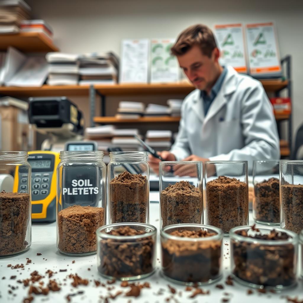 A detailed soil test scene illustrating the analysis of soil samples for foundation preparation. In the foreground, a professional in a lab coat conducts an examination of soil samples in clear glass jars on a table, showcasing various textures and colors of the soil. In the middle ground, technical equipment such as soil testers and a digital pH meter can be seen, emphasizing the scientific nature of the work. The background features shelves filled with soil reference books and charts detailing soil composition. The lighting is bright and clinical, with a slight focus on the soil samples to highlight their details, creating a mood of professionalism and precision. This image reflects the importance of soil tests in construction. www.jowolandborepile.com
