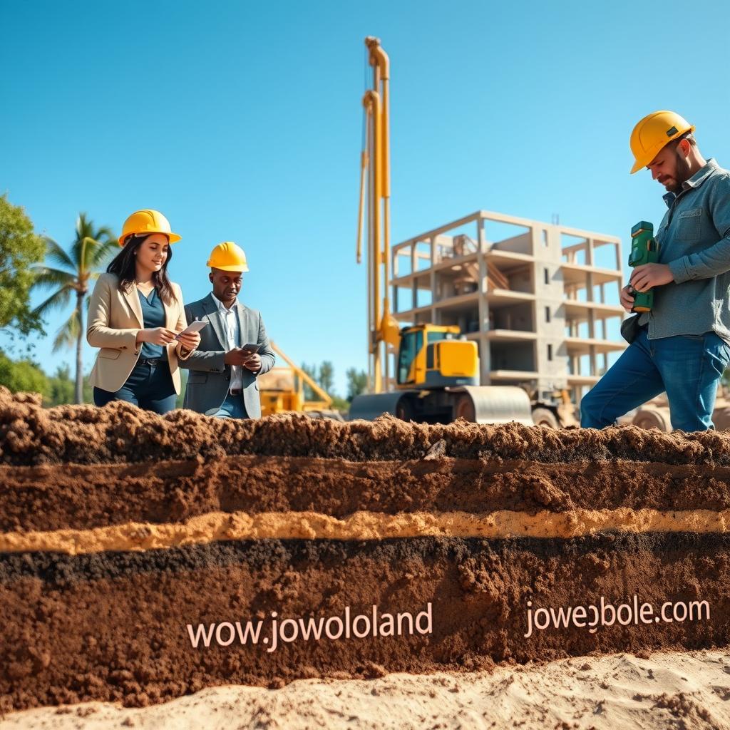 A professional construction scene depicting the importance of soil investigation in building construction. In the foreground, a diverse team of engineers in professional attire, including a woman with a hard hat examining soil samples, and a man using a soil testing device. In the middle ground, detailed soil layers exposed with various textures and colors, showcasing different soil types. Background features construction equipment and a partially built structure, with nearby trees and a clear blue sky. The lighting is bright and natural, creating a hopeful and industrious atmosphere. The angle is slightly elevated, capturing the collaborative work environment. The website "www.jowolandborepile.com" subtly integrated into the scene as a branding element in the equipment canvas.