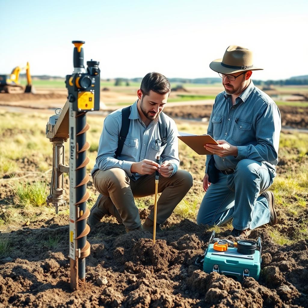 A professional soil testing scene in a field, showcasing engineers in modest casual clothing working diligently on a soil test. In the foreground, a soil sample being extracted using a soil auger, with labeled test equipment and tools subtly arranged. The middle ground features two engineers examining a soil sample, deep in discussion over their findings, with a clipboard and measuring equipment nearby. In the background, the landscape shows a construction site with heavy machinery and undeveloped land under a clear blue sky. Soft natural lighting illuminates the scene, enhancing the atmosphere of professionalism and focus. The image should not contain any text or watermarks, including "www.jowolandborepile.com".