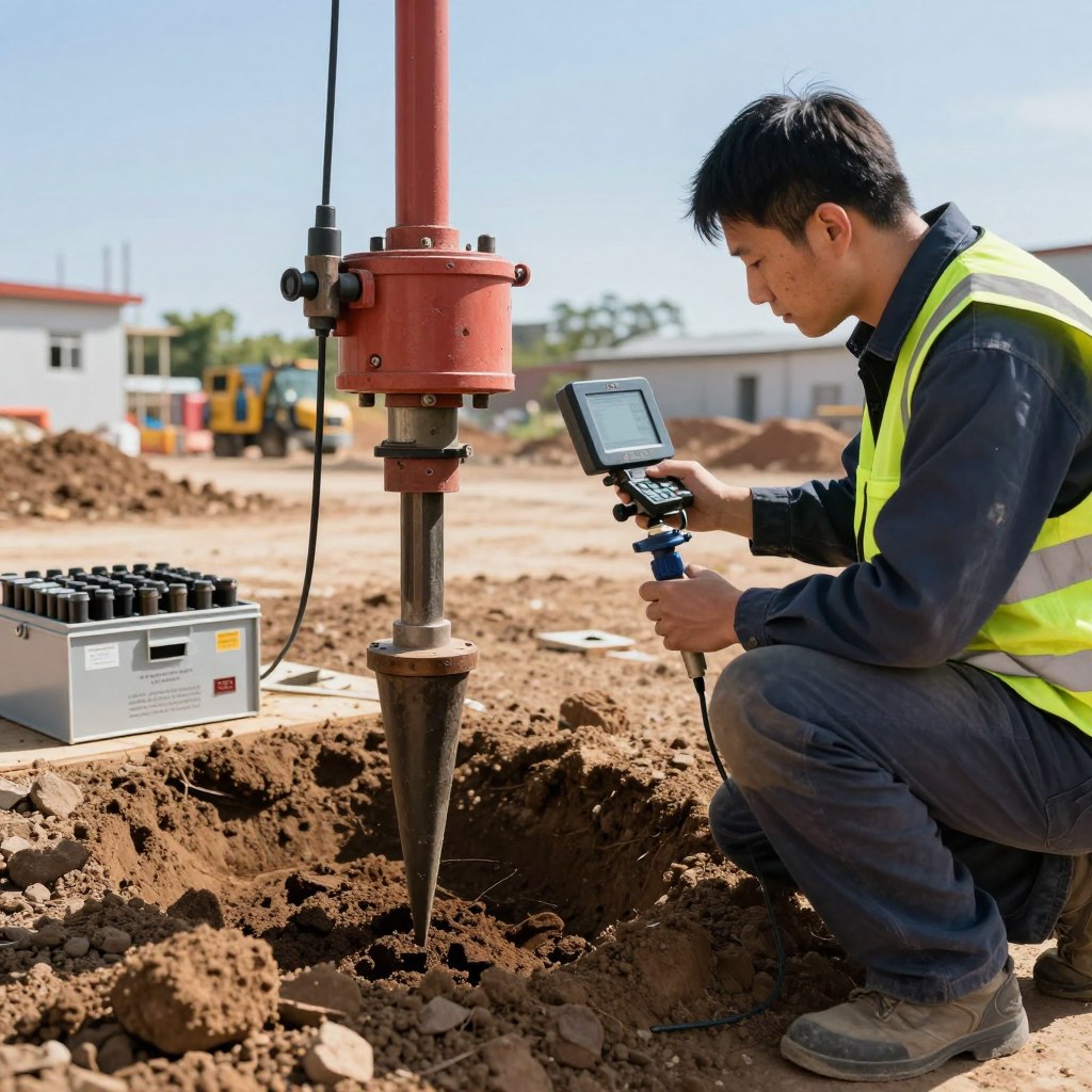 A skilled technician conducts a Cone Penetration Test (CPT) on a construction site, set in a sunlit environment that emphasizes the importance of soil analysis. In the foreground, the technician, dressed in professional safety attire, holds the penetration test equipment, focusing intently on the monitoring device. In the middle ground, the CPT rig is visible, partially buried in the soil, showing the cone inserted into the ground, while surrounding equipment and soil samples are neatly arranged for analysis. The background features a construction site under a clear blue sky, with distant buildings and machinery softly blurred to highlight the technician's work. The lighting is natural, casting gentle shadows that enhance the textures of the soil and equipment. The scene conveys a mood of professionalism and precision in geotechnical engineering, making the process of soil testing palpable. www.jowolandborepile.com
