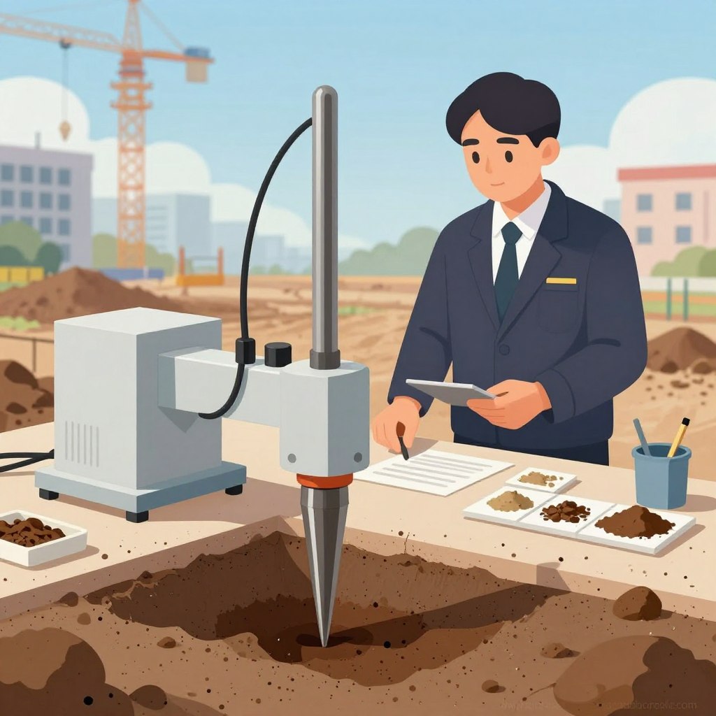 Create a detailed illustration depicting various types of cone penetration tests (CPT) known as "jenis-jenis uji sondir". In the foreground, include a detailed view of a testing apparatus with a cone-shaped tip penetrating the ground, showcasing different angles of the device. The middle ground should feature a professional technician in business attire, focused on operating the equipment, with various soil samples displayed around him. In the background, illustrate a construction site with clear skies and distant buildings, conveying an active engineering environment. Use soft natural lighting to create a calm yet focused atmosphere, blurring the background slightly to emphasize the foreground activity. The image must include the website "www.jowolandborepile.com" as a subtle but visible watermark in the corner.